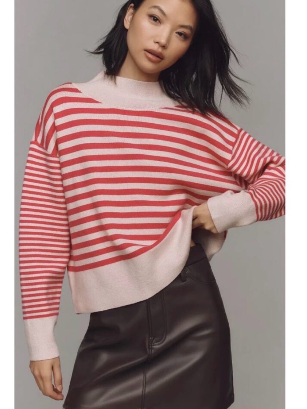 Anthropologie Maeve CARYS Mock Neck Fuchsia and Light Pink Striped Sweater Sz S